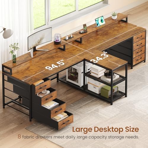 SEDETA 94.5" 2 Person Gaming Desk, Long Office Computer Desk with 8 Drawers & LED Lights, Two Person Desk with Storage, Power Strip & Monitor Stand for Home Office, Rustic Brown