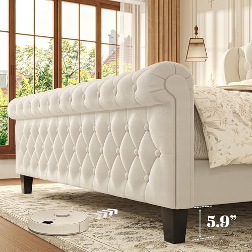 HISOFT Queen Platform Bed Frame, Velvet Upholstered Sleigh Bed with Wingback Tufted Headboard and Footboard, Quiet & Stable Support, No Box Spring Needed, Noise-Free Design, Easy Assembly, Beige