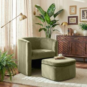 COLAMY Velvet Morden Living Room Chair with Storage Ottoman, Barrel Accent Chair with Lounge Seat for Bedroom/Reading Spaces, Green, Rubberwood, Sponge Foam, Velvet