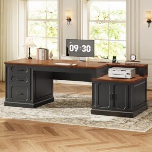 SEDETA Farmhouse 70.9" Executive Desk, Home Office Desk with File Drawers and Storage Cabinet, Computer Desk with Power Outlet for Home Office, Work Study Writing, Black