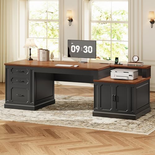 SEDETA Farmhouse 70.9" Executive Desk, Home Office Desk with File Drawers and Storage Cabinet, Computer Desk with Power Outlet for Home Office, Work Study Writing, Black