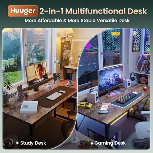Huuger Computer Desk, 55 Inch Home Office Desk, Gaming Writing Work from Home Study Desk, Large Legroom, Sturdy Metal Frame, Modern Simple, Rustic Brown