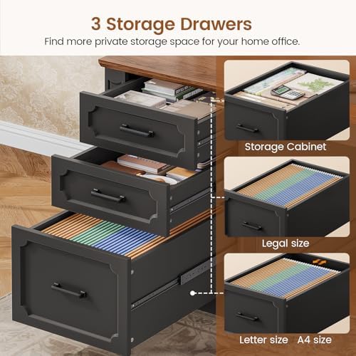 SEDETA Farmhouse 70.9" Executive Desk, Home Office Desk with File Drawers and Storage Cabinet, Computer Desk with Power Outlet for Home Office, Work Study Writing, Black