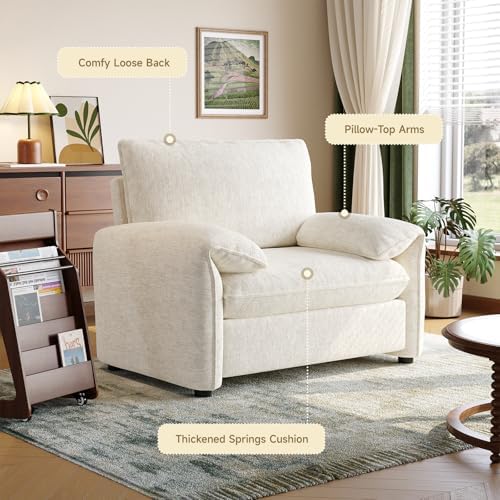 ONBRILL Oversized Accent Chair, 41 Inch Chenille Fabric Armchair, Comfy Single Sofa Chair with Padded Arms, Pocket Spring Cushion, Modern Reading Chair for Living Room, Bedroom, Beige