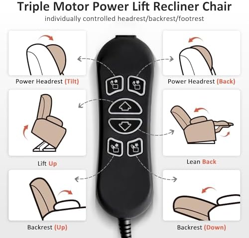 MCombo Large Triple Motor Power Lift Recliner Chair with Massage and Dual Heating, Adjustable Headrest for Tall Elderly People, Fabric 7634 (Beige, Large)