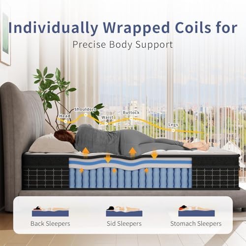 Full Size Mattress, 12 Inch Full Mattress in a Box, Individually Wrapped Pocket Coils for Isolate Motion,Pressure Relief, CertiPUR-US Certified, Support Comfort & Medium Firm