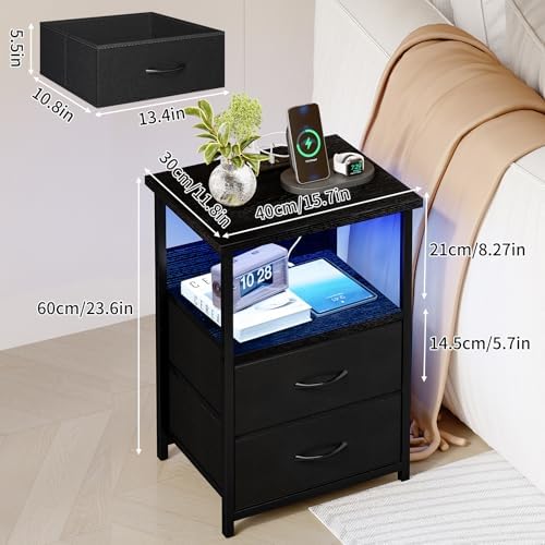 Fixwal Night Stand with Charging Station, LED Nightstand with U-S-B Ports and Outlets, 2 Fabric Storage Drawers with PU Finish, Small Bedside Table, Black