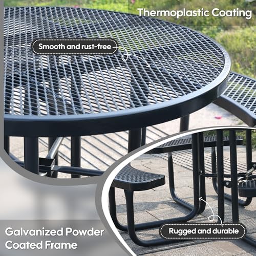 8-Person Picnic Tables for Outdoors, Industrial 46" Expanded Metal Round Picnic Table with 4 Benches & Umbrella Hole, Outside Table and Bench Set for Park, Garden, Backyard, Patio, Black