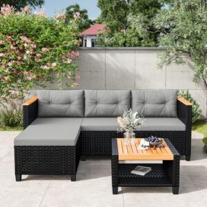 Wisteria Lane Small Patio Furniture Set, All-Weather PE Rattan Outdoor Sectional Sofa with Storage Table, L Shape Outdoor Couch with Cushions, 3 Piece Wicker Patio Furniture for Balcony, Grey