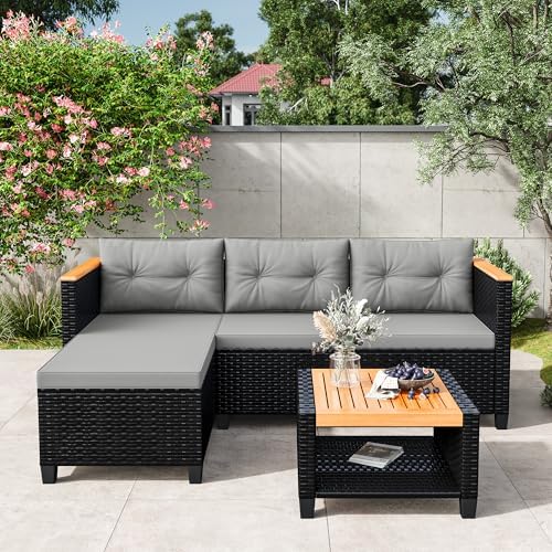 Wisteria Lane Small Patio Furniture Set, All-Weather PE Rattan Outdoor Sectional Sofa with Storage Table, L Shape Outdoor Couch with Cushions, 3 Piece Wicker Patio Furniture for Balcony, Grey