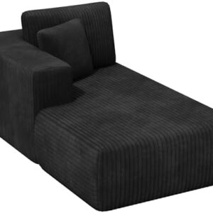 KINGYES Boneless Chaise Lounge Chair for Modular Sectional Sofa, L Shape Corduroy Upholstered Chaise Lounge for Living Room, Black