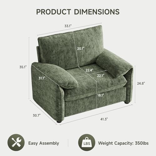 Oversized Accent Chair, Chenille Fabric Reading Chair with High Back, Comfy Armchair with Padded Cushion, Modern Arm Chair for Living Room, Bedroom, Green