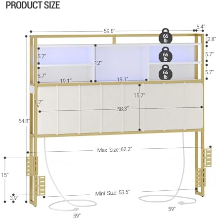 Headboard with 3-Tier Storage Shelves, Velvet Upholstered Head Board with 2 Outlets, USB Ports & LED Light, Soft Backrest for Queen Size Bed, White and Gold BH15203AV1