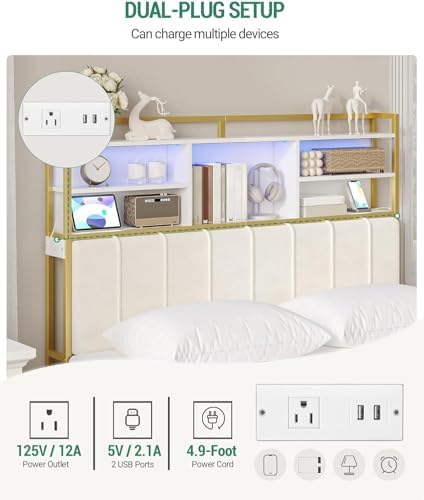 Headboard with 3-Tier Storage Shelves, Velvet Upholstered Head Board with 2 Outlets, USB Ports & LED Light, Soft Backrest for Queen Size Bed, White and Gold BH15203AV1