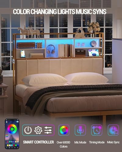 Headboard with 3-Tier Storage Shelves, Velvet Upholstered Head Board with 2 Outlets, USB Ports & LED Light, Soft Backrest for Queen Size Bed, White and Gold BH15203AV1