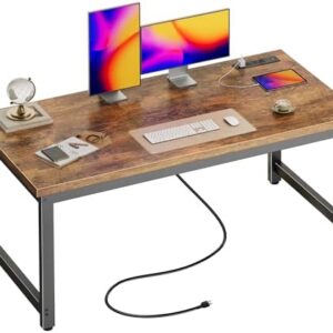 Huuger 55 x 24 inch Desk with Power Outlets & USB-C, Deeper & Thicker Desktop, Robust Metal Tubes, Computer Desk, Heavy Duty Office Desk, Work Gaming Desk for Home Office, Rustic Brown