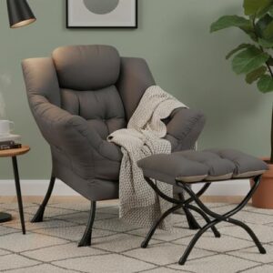 Lazy Chair with Ottoman, Modern Accent Lounge Armchair with Armrests and a Side Pocket & Foldable Footstool, Leisure Reading Chair for Living Room, Bedroom, Dorm & Office, Dark Grey
