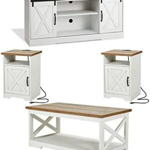 AMERLIFE 4-Piece Farmhouse Table Set Includes Sliding Barn Door TV Stand, Coffee Table& Two End Tables, Side Table with Charging Station and USB Ports, for Living Room, Distressed White, 66"