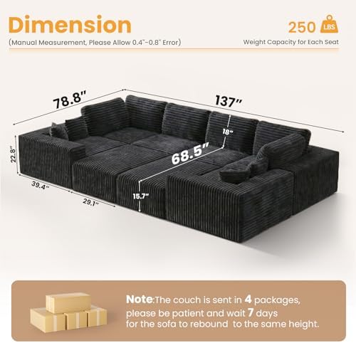 137" Modular Sectional Sofa U Shaped Cloud Couch with Deep Seat, Boneless Couch with 2 Ottomans, Sleeper Sofa 8 Seater Sectional Couches for Living Room Bedroom Apartment, No Assembly Required, Grey