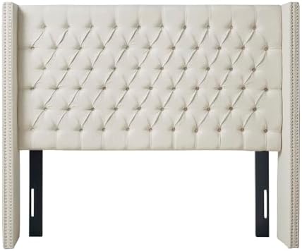 Madison Park Amelia Upholstered Headboard | Nail Head Trim Wingback Button Tufted | King, Cream