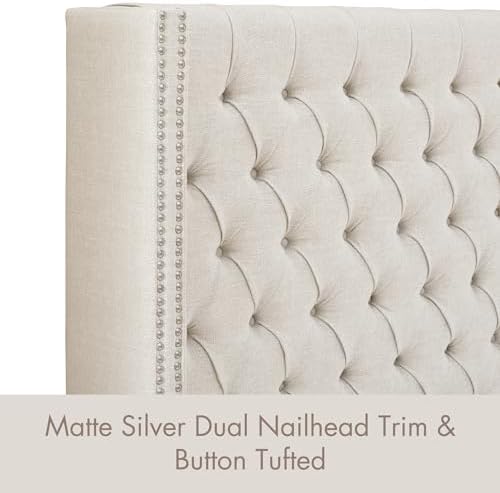 Madison Park Amelia Upholstered Headboard | Nail Head Trim Wingback Button Tufted | King, Cream