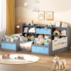AOGLLATI Twin Floor Bed Frame for Kids, Wooden Montessori Bed Frame for Toddlers with Storage Shelves,Sides Bookshelves,Safety Guardrail & 6 Fabric Drawers, No Box Spring Needed, Without Slats, Grey | 6 fabric drawers, Both Sides Bookshlf, 2-Tier Side Shelf, 2 Side Pockets, Round Corner