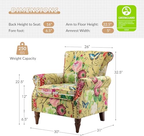 HULALA HOME Modern Wingback Accent Chair with Wood Legs & Removable Cushion, Comfy Upholstered Armchair with Nailhead Trim, Floral Pattern Single Sofa Chair for Living Room Bedroom, Mustard