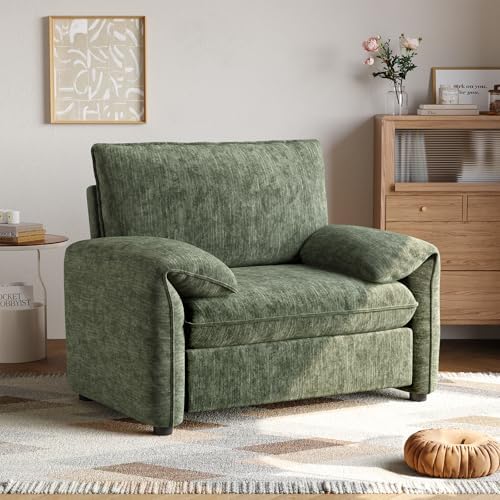 Oversized Accent Chair, Chenille Fabric Reading Chair with High Back, Comfy Armchair with Padded Cushion, Modern Arm Chair for Living Room, Bedroom, Green