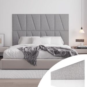 Peel and Stick Headboard for Queen Bed Linen Fabric Upholstered Wall Mounted Headboard - Wall Padding Panel in Light Grey for Bedroom/Living Room/Dorm (6 Panels)