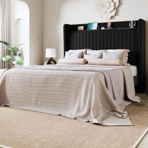 Allewie Full Size Platform Bed Frame with USB Charging Station and Storage Shelf/Upholstered Velvet Wingback Headboard/Wooden Slats Support/No Box Spring Needed/Easy Assembly, Black