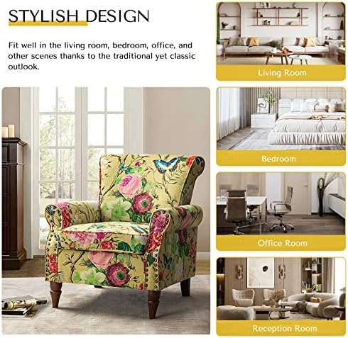 HULALA HOME Modern Wingback Accent Chair with Wood Legs & Removable Cushion, Comfy Upholstered Armchair with Nailhead Trim, Floral Pattern Single Sofa Chair for Living Room Bedroom, Mustard