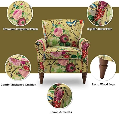 HULALA HOME Modern Wingback Accent Chair with Wood Legs & Removable Cushion, Comfy Upholstered Armchair with Nailhead Trim, Floral Pattern Single Sofa Chair for Living Room Bedroom, Mustard