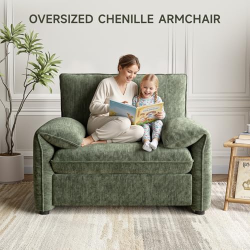 Oversized Accent Chair, Chenille Fabric Reading Chair with High Back, Comfy Armchair with Padded Cushion, Modern Arm Chair for Living Room, Bedroom, Green