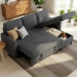 JAMFLY Pull Out Sleeper Sectional Sofa, L Shaped Corduroy Couch with Hidden Storage, Convertible Sofa Bed for Small Living Rooms and Apartments, Grey