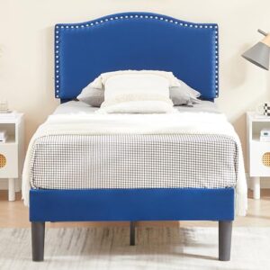 VECELO Twin Bed Frame, Platform Bed Frame with Adjustable Height Upholstered Headboard, Heavy-Duty Frame and Strong Wooden Slats Support, Non-Slip and Noise-Free, Easy Assembly, Dark Blue