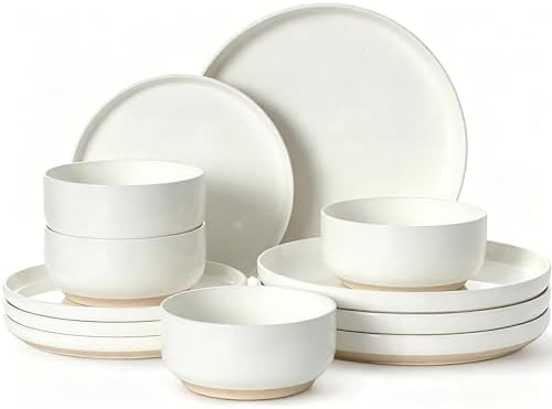 Plates and Bowls Sets, Dinnerware Sets for 4, 12 Pieces Scratch Resistant Dishware Dishes Set, Ceramic Kitchen Dinner Set, Porcelain & Microwave and Dishwasher Safe, Cream White