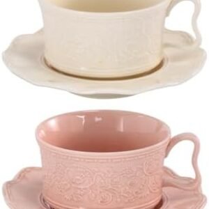 KAMMAK Tea Cups and Saucers Set of 2, 7oz Porcelain Coffee Cups with Saucers, Ceramic Espresso Mugs for Coffee, Latte, Americano, Tea, Elegant Teacup and Saucer (YFH1+2)