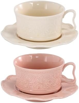 KAMMAK Tea Cups and Saucers Set of 2, 7oz Porcelain Coffee Cups with Saucers, Ceramic Espresso Mugs for Coffee, Latte, Americano, Tea, Elegant Teacup and Saucer (YFH1+2)