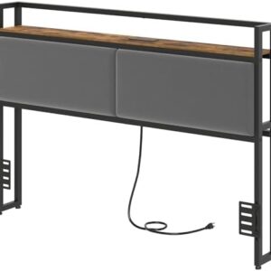 Queen Size Headboard Only, Upholstered Queen Headboard with Charging Station, Head Board with Open Storage, Height Adjustable, Vintage Style, Sturdy and Stable, Rustic Brown, Gray and Black