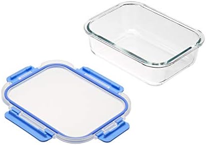 Amazon Basics Glass Food Storage Containers, Leak Proof, Oven Safe, Easy to Clean, Stain Resistant, Set of 7, 14 Pieces Including Lids, BPA-Free, Clear with Blue Silicone Ring
