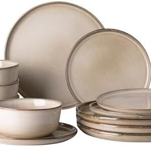 GBHOME Ceramic Dinnerware Sets for 4, 12 Pieces Stoneware Plates and Bowls Sets, Scratch Resistant Dishes, Dishwasher & Microwave Safe, Reactive Glaze-Cappuccino