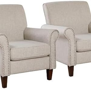 Prilinex Upholstered Living Room Chair Set of 2 - Large Comfy Fabric Accent Chair Single Sofa with Cushion, Rolled Armrest & Nailhead Trim, Mid Century Farmhouse Armchair for Bedroom, Office, Beige