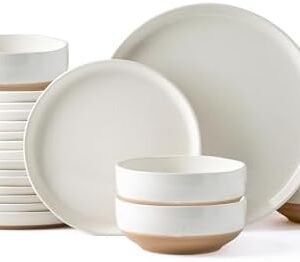 AmorArc Ceramic Dinnerware Sets for 8, 24 Pieces Handpainted Plates and Bowls Set with Rustic Terracotta Underside, Scratch Resistant Stoneware Dishes Set, Dishwasher & Microwave Safe, Light Beige