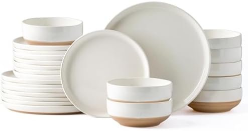 AmorArc Ceramic Dinnerware Sets for 8, 24 Pieces Handpainted Plates and Bowls Set with Rustic Terracotta Underside, Scratch Resistant Stoneware Dishes Set, Dishwasher & Microwave Safe, Light Beige