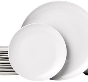 Amazon Basics 18-Piece Complete Kitchen Dinnerware Set, Microwave and Dishwasher Safe, Plates, Dishes, Bowls for Everyday Use, Service for 6, White Porcelain Coupe