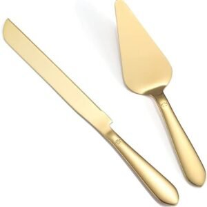 Eisinly Cake Cutting Set for Wedding, Elegant Cake Knife and Server Set with Thickened Stainless Steel Rounded Edges, Cake Cutter Pie Spatula for Birthday Anniversary, 2 Pcs, Gold