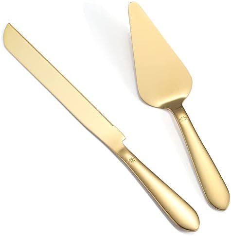 Eisinly Cake Cutting Set for Wedding, Elegant Cake Knife and Server Set with Thickened Stainless Steel Rounded Edges, Cake Cutter Pie Spatula for Birthday Anniversary, 2 Pcs, Gold