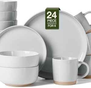 Famiware Milkyway Stoneware Dinnerware Sets with Mugs, Service for 6 (24 Pieces), Plates and Bowls Sets -Scratch Resistant, Microwave and Dishwasher Safe Dishes Set, Light Gray