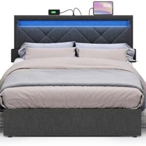 VASAGLE LED Bed Frame Full Size, Full Bed with Headboard and 4 Drawers, 1 USB Port and 1 Type C Port, Adjustable Upholstered Headboard 37.1/39.6 Inches, No Box Spring Needed, Dark Gray URMB822G71