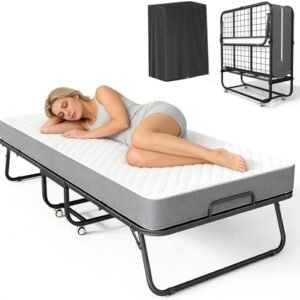 SUNCROWN 75” x 31” Folding Bed with Mattress, Portable Rollaway Bed, Space-Saving Sturdy Metal Frame, Fold up Bed with 5" Memory Foam Mattress, Fold Up, Roll Away, Hideaway, Office, Apartment